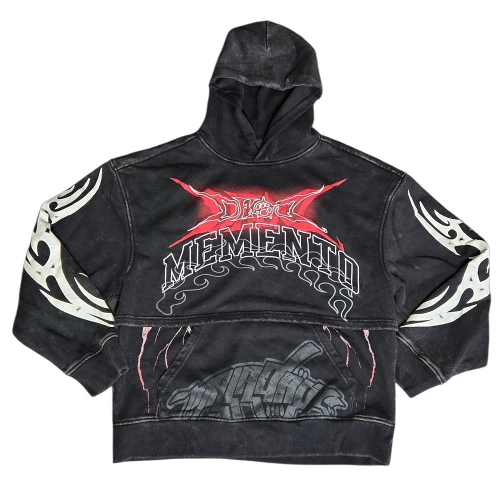 Smoke Rise Memento Endurance Graphic Hoodie Mens Sz L Black Acid Wash Tribal Y2K